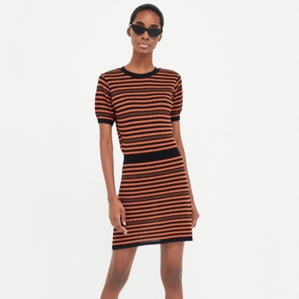 Zara Knit Mini‎ Dress Orange Black Medium